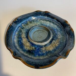 Art Pottery Blue Glaze Crinkle Crackle Glass Tealight Holder Trinket Dish